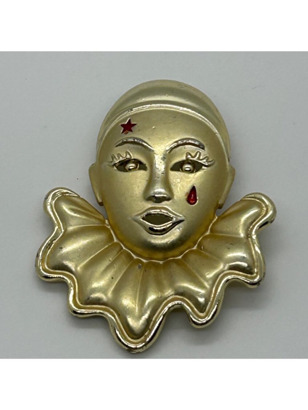 Vintage Gold Tone Pierrot Clown Brooch With Red Star & Tear Costume Jewelry Pin - Picture 2 of 11